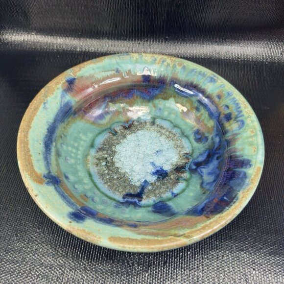 1980s Hand Made Pottery Dish Bowl Large Crystalline Glaze 8inch Recycle Center - Picture 1 of 14